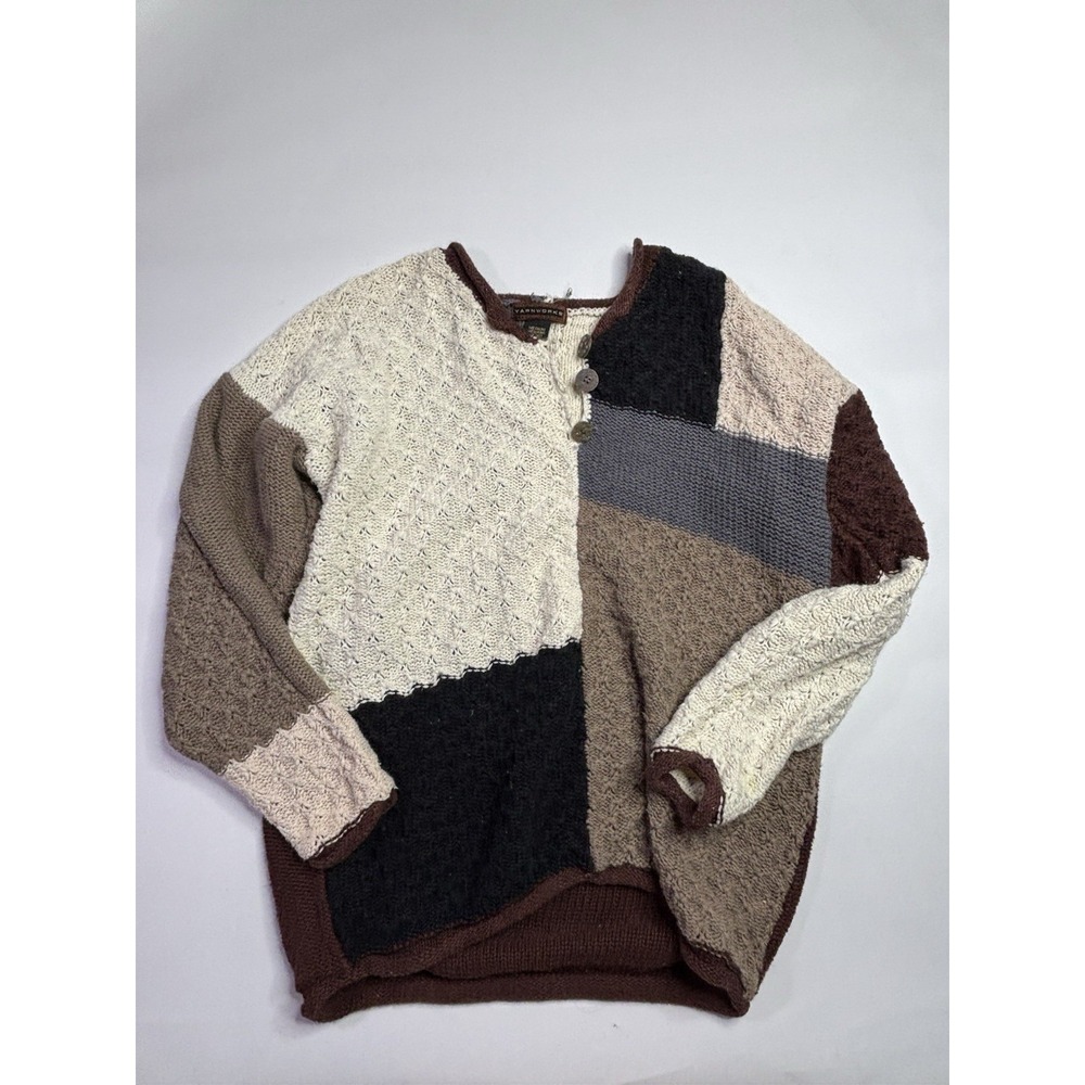 Vtg Yarnworks Henley Sweater Womens Sizeโ M Brown Patchwork Grandma Grunge Alt